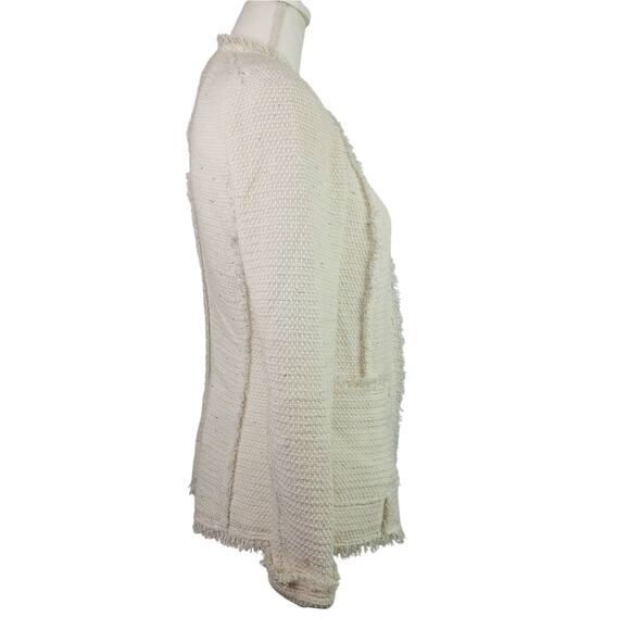 Rebecca Taylor SZ 4 Tweed Open Front Blazer Cream With Fringe Woven Silver NWOT - Picture 3 of 7